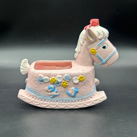 Vintage Baby Rocking Horse Planter Pink Kitsch Napco Taiwan Catch All Storage - Picture 2 of 12